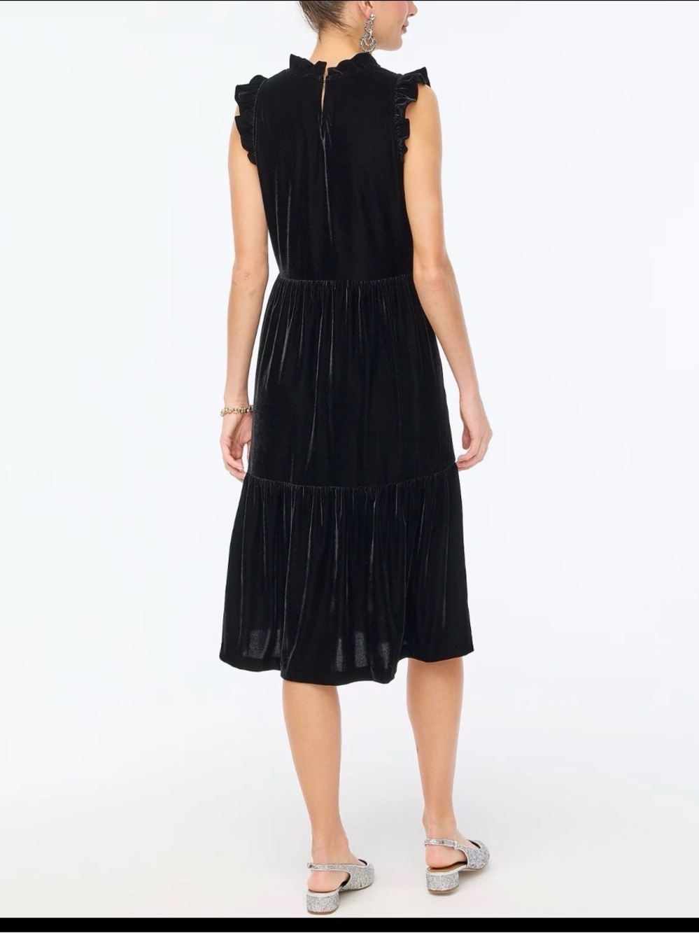 NWOT J. Crew Black Velvet Ruffle Midi Dress - Picture 3 of 14